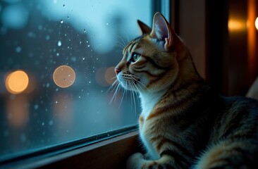 A striped gray cat sits on a train in the evening and looks out the window