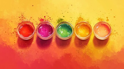Vibrant Watercolor Paints in Glass Jars on Colorful Background Artwork