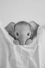 Cute baby elephant peeking out of soft and fluffy white blanket. Cute animal wallpaper	