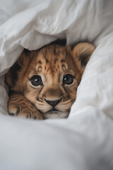 A cute baby lion covered in white cotton sheets, peeking out from under the covers with its head sticking up. Cute animal magazine cover	