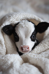 Close-up of a adorable baby cow with black and white spots peeking out from under a white blanket. Funny animal magazine cover. 