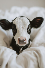 Cute baby calf, with a black and white face, laying in a bed with a cozy blanket. Cute animal magazine cover	