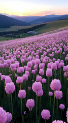 Fototapeta premium Pink Flowers Field at Sunset Over Mountain Valley