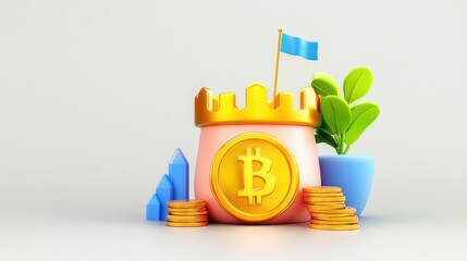 gold investment with bullion and inflation protection concept. Conceptual image of Bitcoin investment with castle and greenery elements.