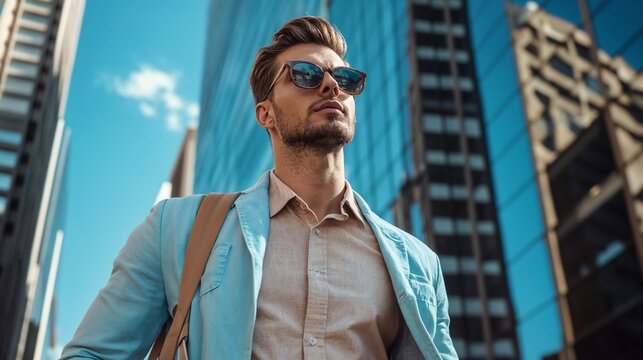 Professional man with sunglasses against modern skyscraper. Suitable for urban business, corporate lifestyle, or modern professional branding.