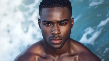 Athletic African American man in dramatic water portrait. Ideal for fitness motivation, sports performance, or body positivity campaigns.