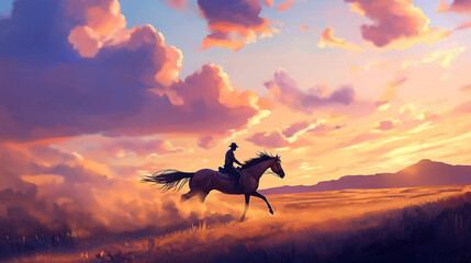 Fototapeta premium Horse galloping across a meadow at sunset with a rider silhouetted against the colorful sky. Generative AI