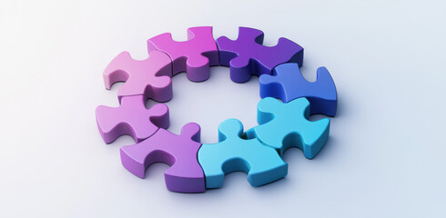 A vibrant circle of puzzle pieces in shades of purple and blue is neatly connected on a light surface, showcasing teamwork and creativity