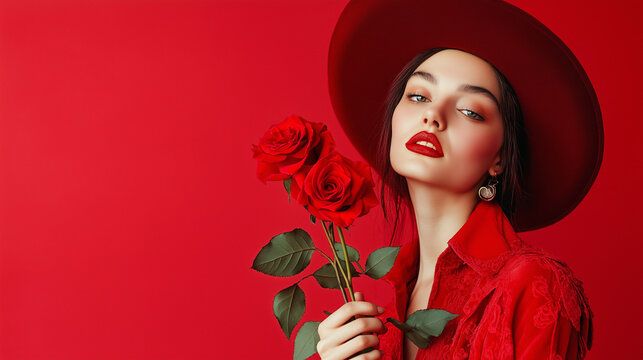 Asian Model in Red Fashion Editorial with Roses and Copyspace