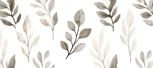 Fototapeta premium Neutral Watercolor Seamless Pattern, Delicate Botanical Illustration, Minimalist Floral Design