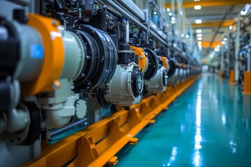 Obraz premium Large industrial machine with yellow robotic arms in a factory