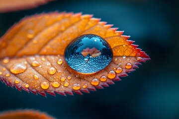 High-res macro photo of dew drops on a leaf, showcasing intricate details and reflections in the droplets. Perfect for conveying nature’s freshness, beauty, or promoting cleanliness and purity.