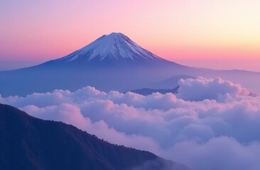 A mountain at dawn in pink and purple hues.