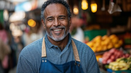 Cheerful mature African American grocer in apron smiling at farmer's market. Perfect for small business promotion, fresh food retail, and customer service representation at local markets