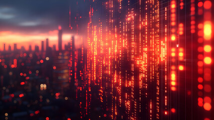 Abstract Futuristic City Sunset With Glowing Red Data Lines
