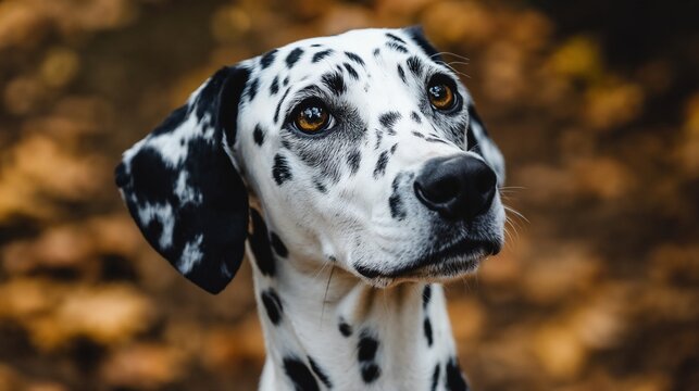 Close-up portrait of alert Dalmatian dog with spotted coat. Ideal for pet care, breed specific content, and animal companionship themes