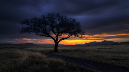 Fototapeta premium Lone tree sunset, plains, dramatic sky, nature scene
