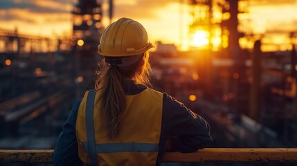 Female engineer watching sunset at industrial site. Ideal for women in STEM, industrial progress, and professional achievement themes