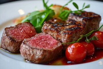 Grilled steak with fresh vegetables and sauce on a plate