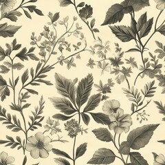 Faded Botanical Illustrations in Seamless Pattern Perfect for Vintage-Inspired Design Projects or Background Textures