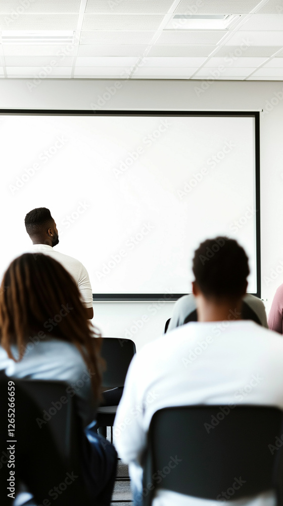 Poster group of people attending a presentation in a classroom setting during daytime. generative ai