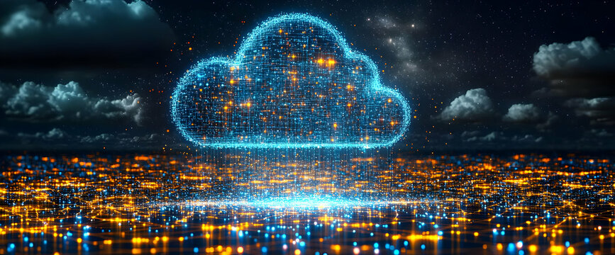 Glowing Digital Cloud Over Illuminated Cityscape At Night