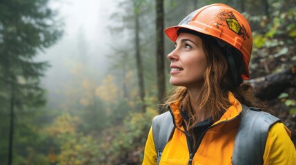 Woman, forest, helmet, safety, autumn, fog, hope, industry