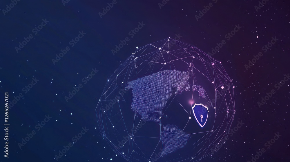 Poster global network security: shield icon protecting digital earth connection