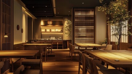 Elegant restaurant showcases warm lighting and natural wood accents