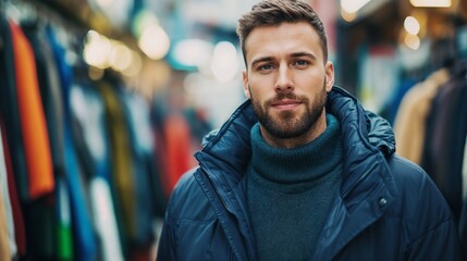 Naklejka premium Fashion retailer examining winter collection in modern store. Perfect for retail business, fashion industry, and professional expertise