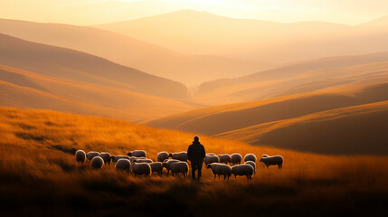 Fototapeta premium Shepherd guiding a flock of sheep across golden hills during sunset in tranquil landscape. Generative AI
