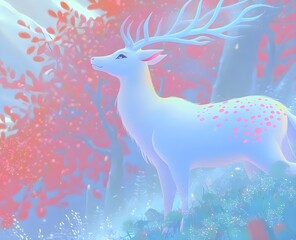 A pure white male deer adorned with pastel spots that radiate nobility
