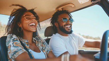 Cheerful couple enjoying a sunny road trip, in convertible car, lifestyle photography