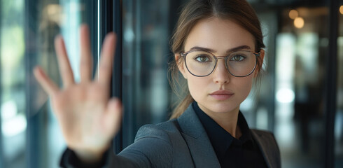 A businesswoman wearing glasses holds her hand up in a stop gesture inside a contemporary office with large windows