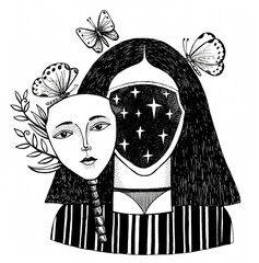 The illustration is hand-drawn with pen and ink. The girl takes off her mask, and inside is space.
