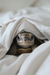Cute baby turtle peeking out of soft and fluffy white blanket. Cute animal wallpaper	