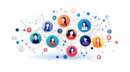 Fototapeta premium A modern, colorful vector of women from different backgrounds connecting through digital screens and meetings, emphasizing worldwide planning for IWD 2025 campaigns.