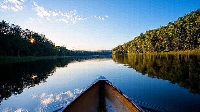 A bord d'une barque sur un lac au milieu de la for&ecirc;t et un beau ciel bleu.