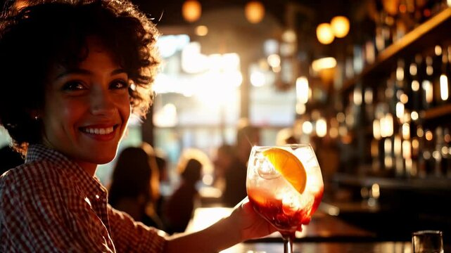 Femme souriante dans un bar devant son cocktail. Un beau soleil p&eacute;n&egrave;tre la salle.