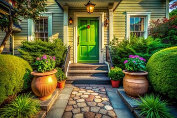 Fototapeta premium Vintage Suburban Home Entrance: Wooden Path, Grass Pot, Charming Front Door