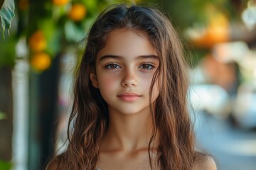 Portrait of a young woman with long wavy brown hair standing in a lush green outdoor setting