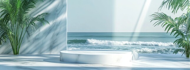 Fototapeta premium A summer beach stage with a sand product display, featuring a 3D sea scene and a podium, ideal for holiday and travel promotions