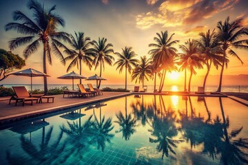 Fototapeta premium Vintage Sunset Poolside Resort Relaxation: Idyllic Summer Vacation Scene