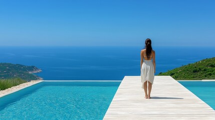 A Woman Contemplating Life’s Complex Emotions While Standing on a Wooden Dock Overlooking the Ocean's Tranquil Waters and Expansive Horizon