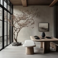 A neutral dining room with organic shapes and natural elements