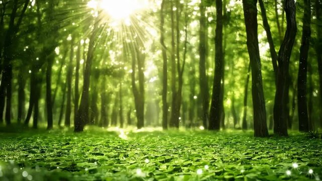 Sunlit Forest Path: A sunbeam pierces through the dense canopy of a lush green forest, illuminating a path leading deeper into the woods.  The scene evokes a sense of serenity and mystery. 