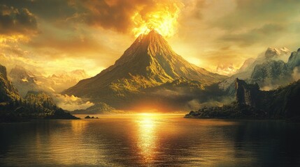 Fototapeta premium Majestic Volcanic Eruption at Golden Hour