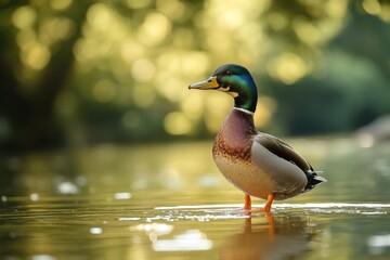 Obraz premium Close-up of a mallard duck swimming in a calm pond with soft reflections in the water