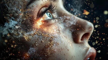 A Beautiful Woman's Face Adorned with Sparkling Glitter that Reflects Her Complex Emotions and Inner Thoughts in a Stunning Display of Colorful Light