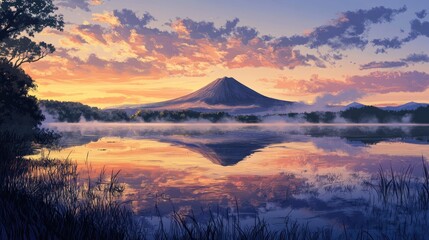 Serene Sunrise: Majestic Mountain Reflected in Tranquil Lake